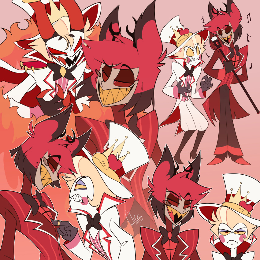 2boys, absurdres, alastor_(hazbin_hotel), anger_vein, angry, animal_ears, antlers, apple, artist_name, black_bow, black_bowtie, black_footwear, blonde_hair, boots, bow, bowtie, brown_bow, brown_bowtie, brown_hair, brown_pants, chiz, circle_facial_mark, claws, clenched_teeth, coat, coattails, colored_sclera, colored_skin, commentary, crown, dated, deer_antlers, deer_boy, deer_ears, demon, demon_boy, demon_horns, english_commentary, facial_mark, fire, food, frown, fruit, full_body, grey_skin, grin, hand_on_another's_chest, hand_up, hat, hazbin_hotel, highres, holding, holding_microphone, horns, jewelry, long_sleeves, looking_at_another, lucifer_morningstar_(hazbin_hotel), microphone, monocle, multicolored_hair, multiple_wings, music, musical_note, open_clothes, open_coat, open_mouth, outline, pants, pink_background, pointing, pointing_at_another, red_eyes, red_horns, red_sclera, red_vest, red_wings, redhead, ring, sharp_teeth, shirt, short_hair, signature, simple_background, singing, smile, snake, solid_eyes, striped_clothes, striped_coat, striped_vest, teeth, top_hat, traditional_bowtie, two-tone_hair, vertical-striped_clothes, vertical-striped_coat, vertical-striped_vest, vest, vintage_microphone, white_coat, white_headwear, white_outline, white_pants, white_shirt, wings, yellow_sclera, yellow_teeth