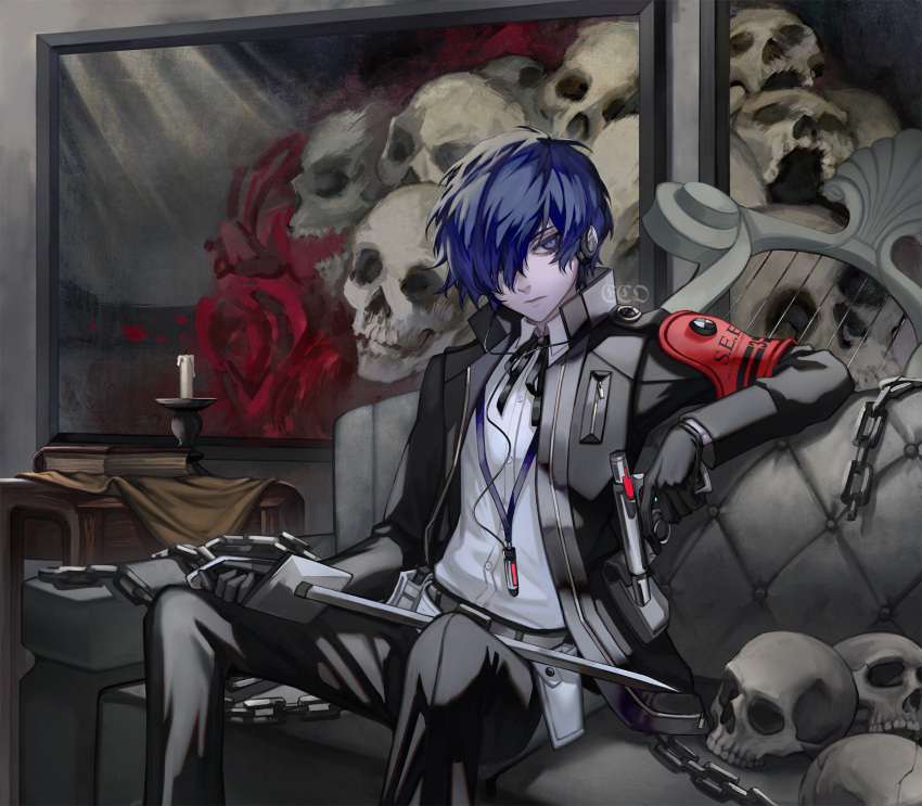 1boy, black_gloves, black_jacket, black_pants, black_ribbon, blue_eyes, blue_hair, chain, closed_mouth, collared_shirt, couch, ecoplasma, evoker, feet_out_of_frame, gekkoukan_high_school_uniform, gloves, gun, hair_over_one_eye, harp, headphones, highres, holding, holding_gun, holding_sword, holding_weapon, instrument, jacket, long_sleeves, male_focus, neck_ribbon, open_clothes, open_jacket, pants, persona, persona_3, persona_3_reload, ribbon, school_uniform, serious, shirt, short_hair, sitting, skull, solo, sword, weapon, white_shirt, yuuki_makoto_(persona_3)