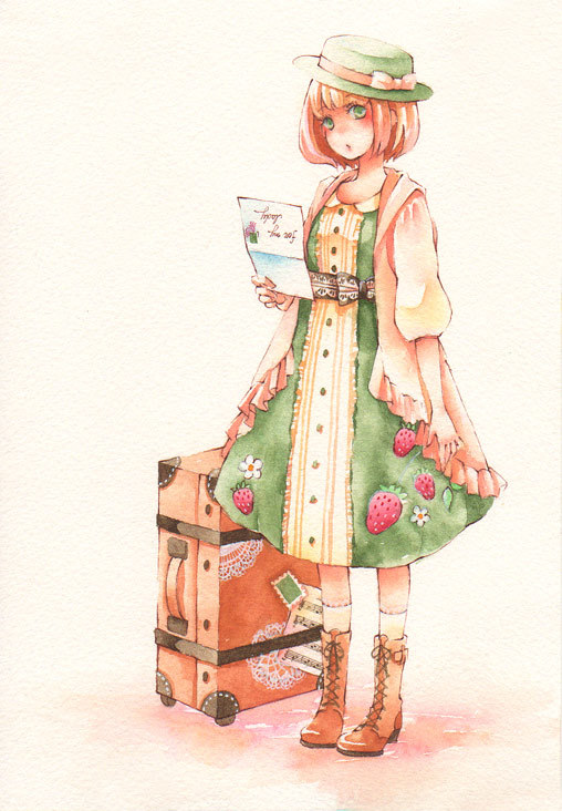 doily, food_themed_clothes, hat, hat_request, iinuma_chika, luggage, original, solo