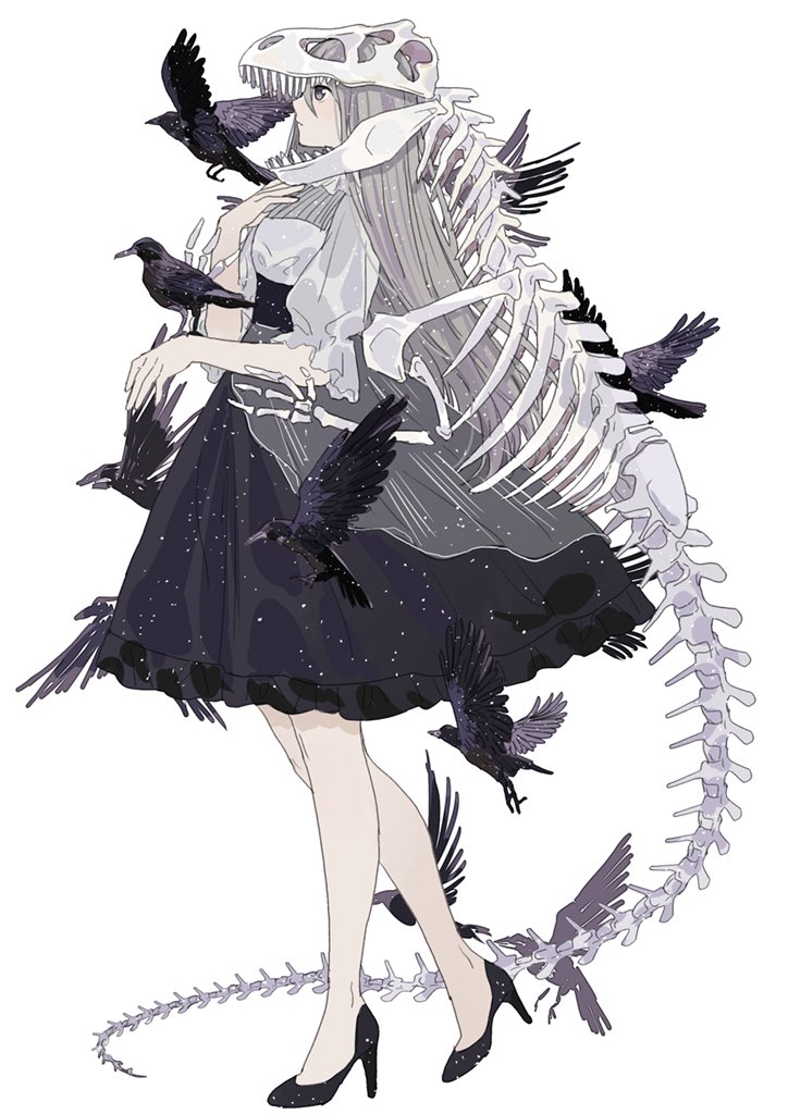 1girl, animal_skull, back_bow, bird, bird_on_hand, bity3155660241, black_footwear, black_skirt, bow, closed_mouth, commentary_request, crow, dinosaur_skeleton, fossil, frilled_sleeves, frills, from_side, full_body, grey_eyes, grey_hair, hand_on_own_chest, high-waist_skirt, high_heels, knees, light_frown, long_hair, miniskirt, original, puffy_short_sleeves, puffy_sleeves, see-through, shirt, short_sleeves, simple_background, skirt, solo, starry_sky_print, too_many, too_many_birds, white_background, white_bow, white_shirt, white_sleeves