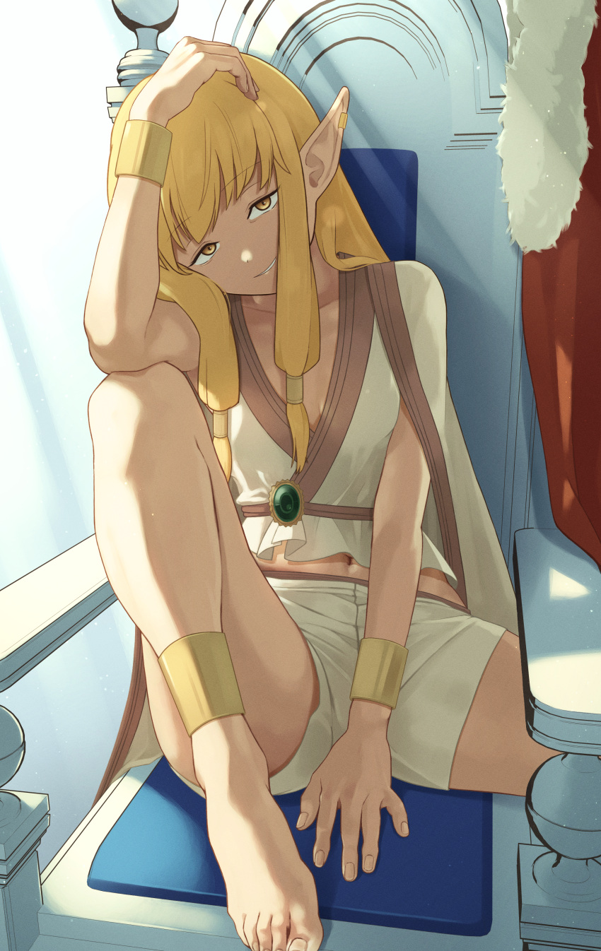 1girl, absurdres, ankle_brace, barefoot, bracer, breasts, cape, elf, fur_trim, hair_ornament, hair_tubes, highres, long_hair, looking_at_viewer, mutsuki_albino, navel, pointy_ears, red_cape, serie_(sousou_no_frieren), shorts, small_breasts, smile, smirk, solo, sousou_no_frieren, throne, tsurime, yellow_eyes