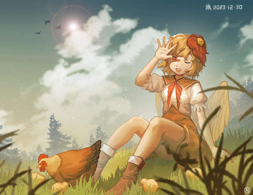1girl, animal, artist_logo, bird, bird_wings, blonde_hair, boots, brown_footwear