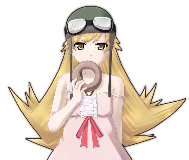bakemonogatari, bare_shoulders, blonde_hair, doughnut, dress, food, goggles, goggles_on_head