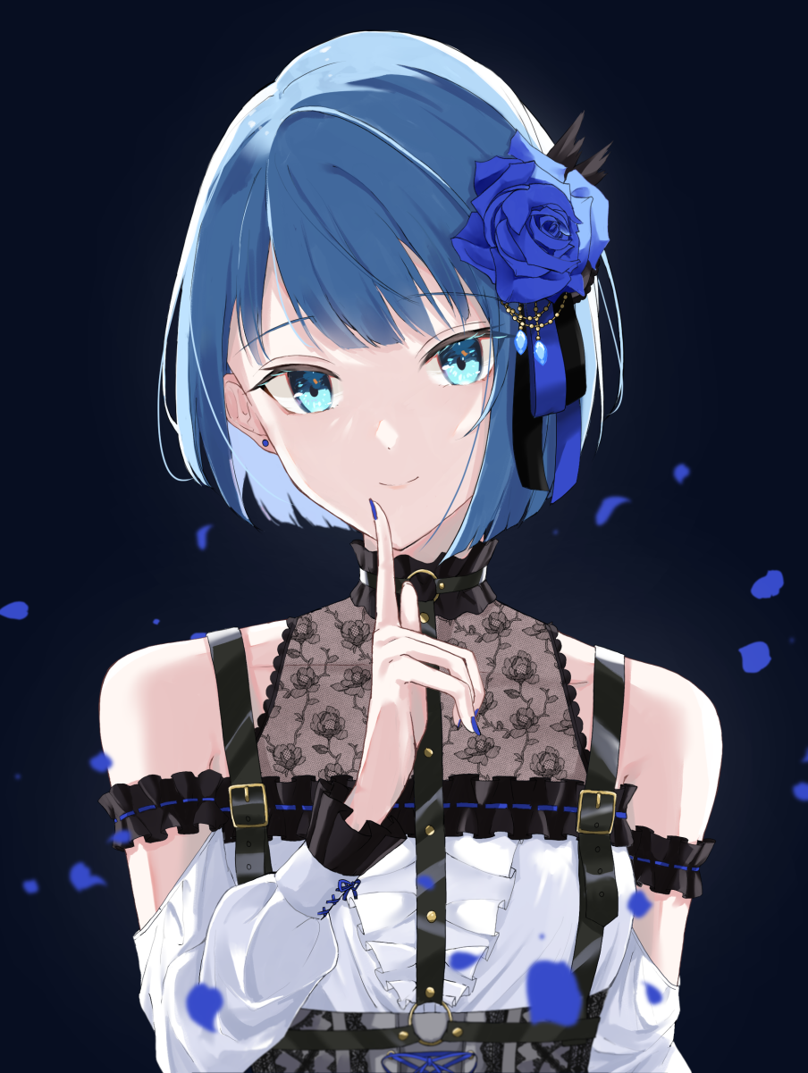 1girl, aqua_eyes, black_(kbym), black_ribbon, blue_flower, blue_hair, blue_nails, blue_ribbon