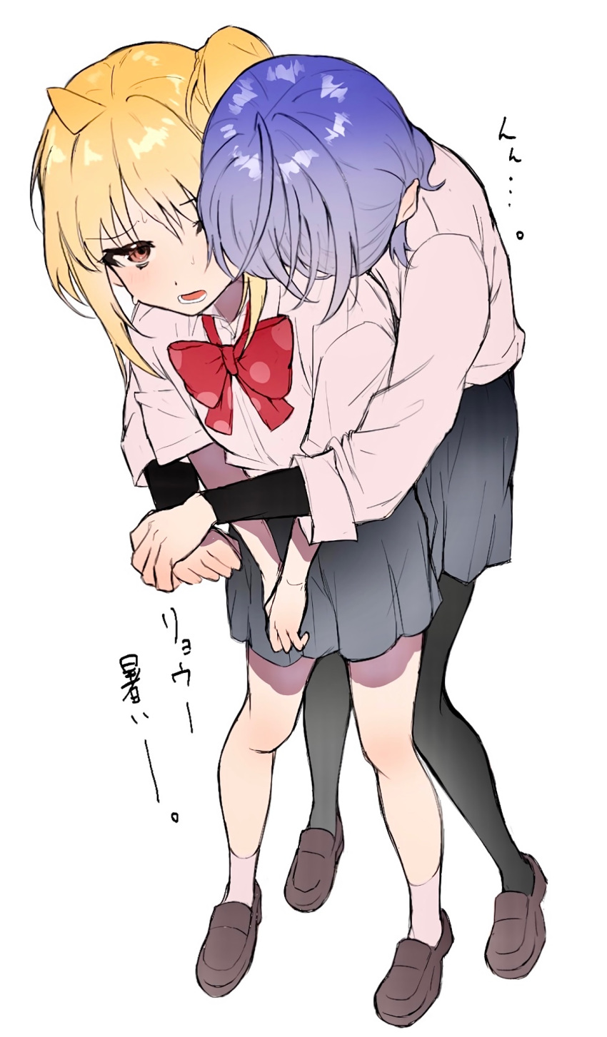 2girls, ahoge, black_pantyhose, black_undershirt, blonde_hair, blue_hair, bocchi_the_rock!, bow