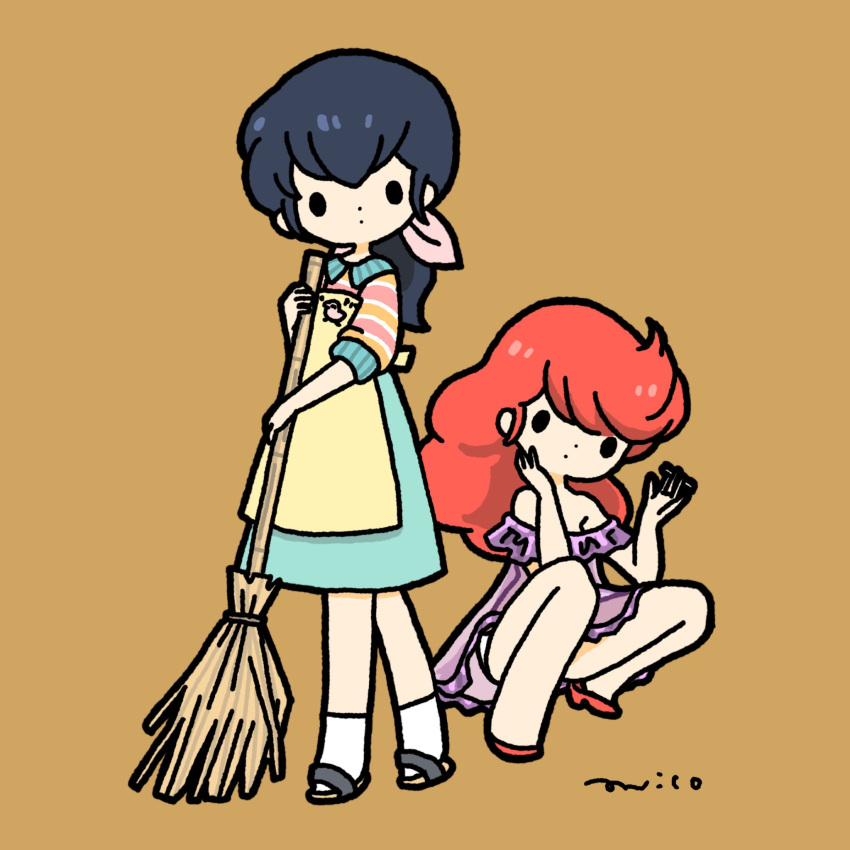 2girls, apron, bare_shoulders, black_hair, bow, broom, brown_background, commentary