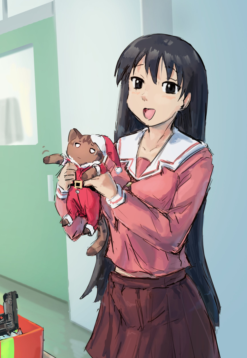 1girl, absurdres, animal, azumanga_daioh, black_hair, cat, gun, handgun