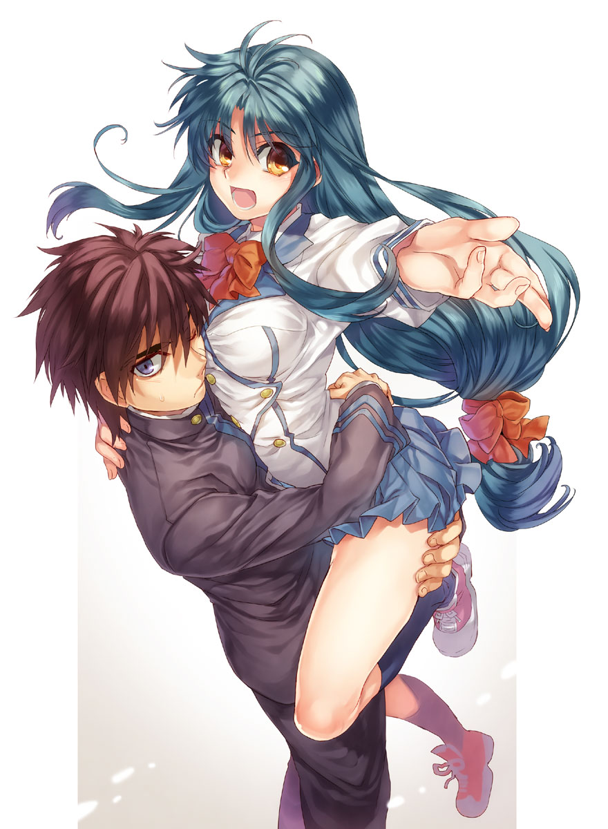 1girl, ass, ass_grab, blue_eyes, blue_hair, bow, brown_eyes, brown_hair