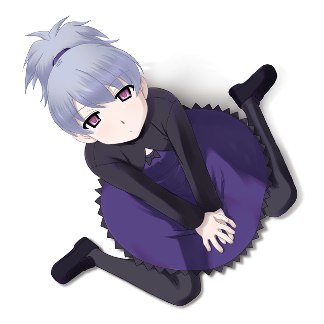 darker_than_black, dress, hair_ribbon, hand_between_legs, ooba_kou, ponytail, purple_eyes, ribbon