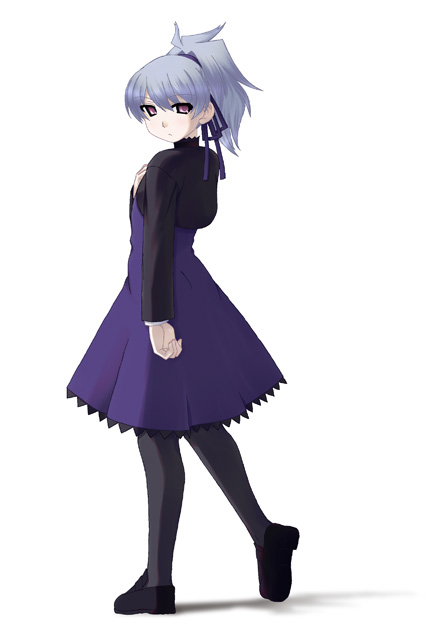 dress, hair_ribbon, ooba_kou, ponytail, purple_eyes, ribbon, silver_hair, skirt