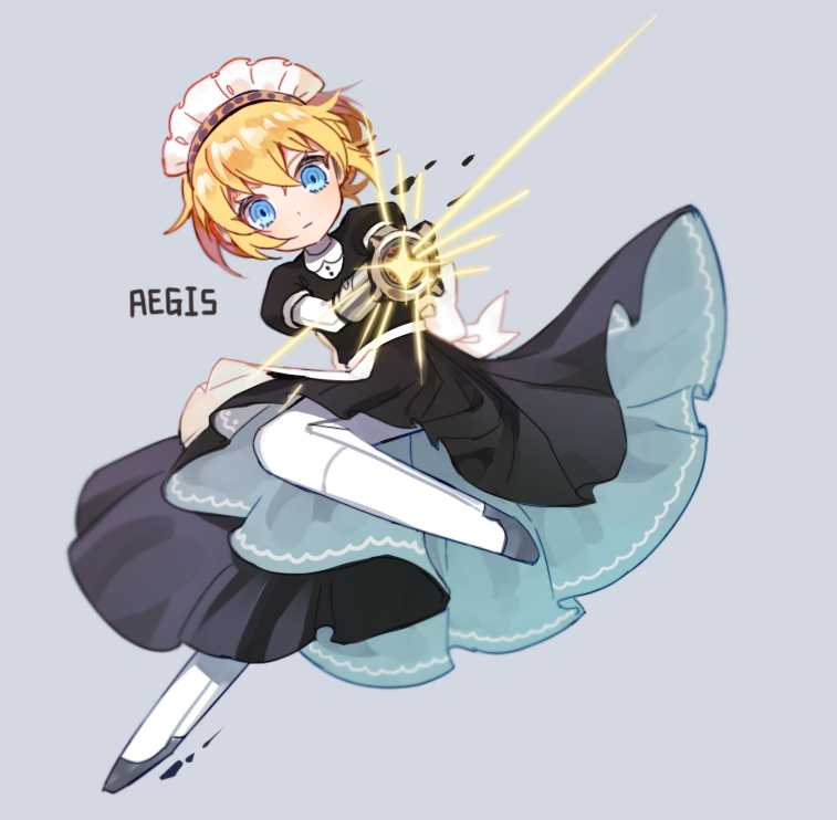 1girl, aegis_(persona), apron, arm_cannon, black_shirt, black_skirt, blonde_hair, blue_eyes