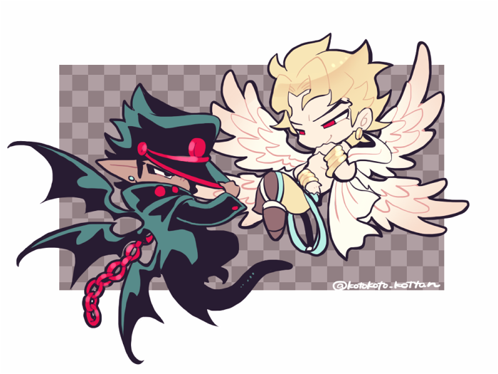 2boys, angel_wings, black_hair, black_headwear, black_wings, blonde_hair, border, brown_footwear
