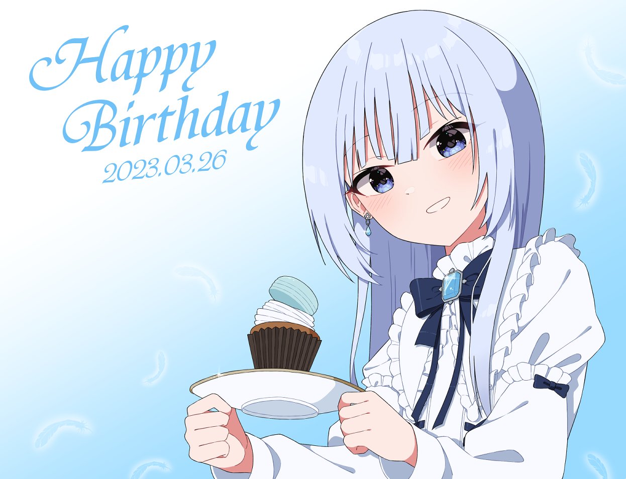1girl, black_bow, black_bowtie, blue_background, blue_eyes, blue_gemstone, blue_hair, blunt_ends