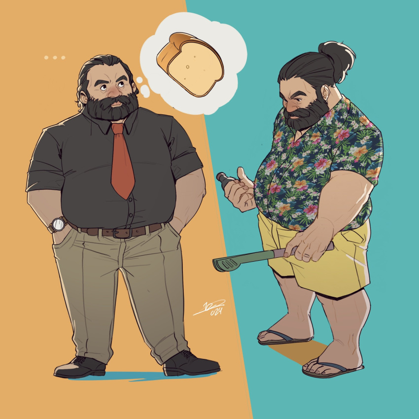 1boy, alternate_beard_length, alternate_costume, alternate_hair_length, alternate_hairstyle, aqua_background, beard, belly