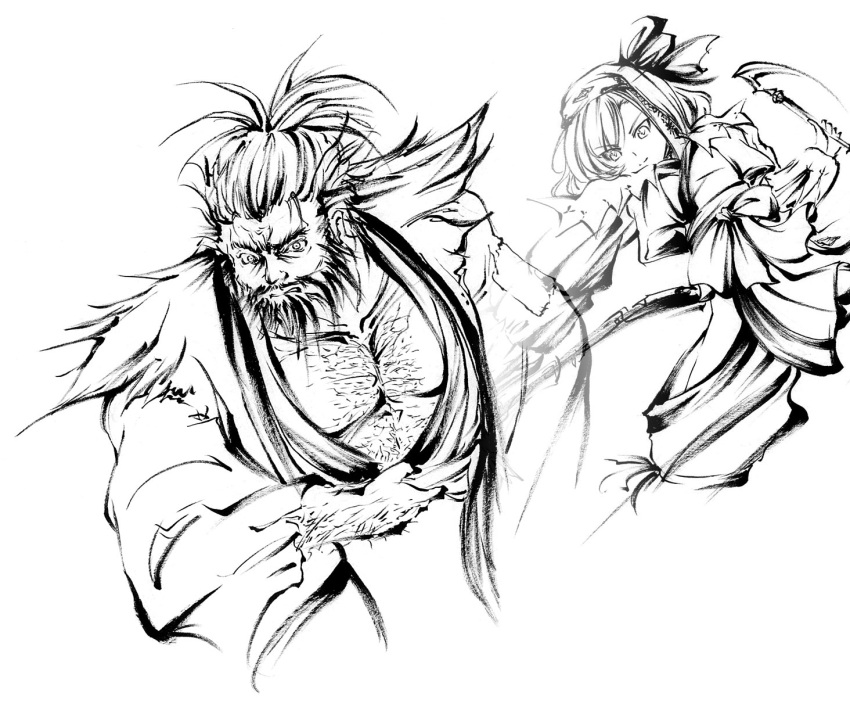 1boy, 1girl, arm_hair, banshu_sanemon, beard, character_request, chest_hair, cropped_torso, facial_hair, frown, full_beard, greyscale, hairy, highres, long_mustache, looking_ahead, magia_record:_mahou_shoujo_madoka_magica_gaiden, mahou_shoujo_madoka_magica, mature_male, monochrome, old, old_man, pectoral_cleavage, pectorals, serious, sketch, thick_beard, thick_eyebrows, zenith_bldmntnc