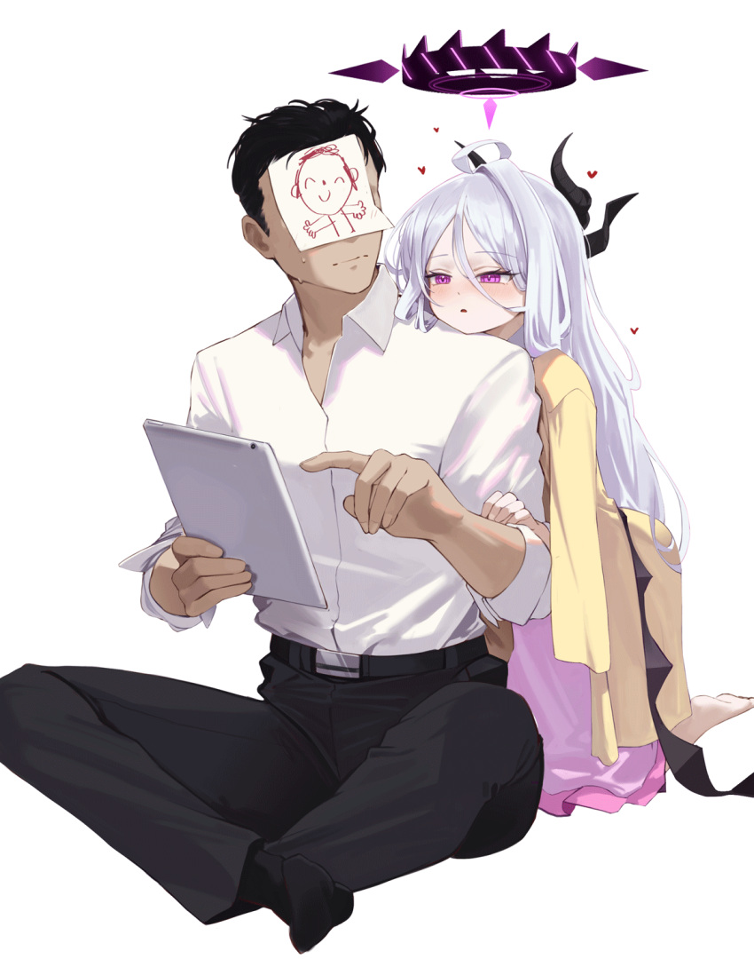 1boy, 1girl, black_hair, black_horns, black_pants, black_socks, black_wings, blue_archive