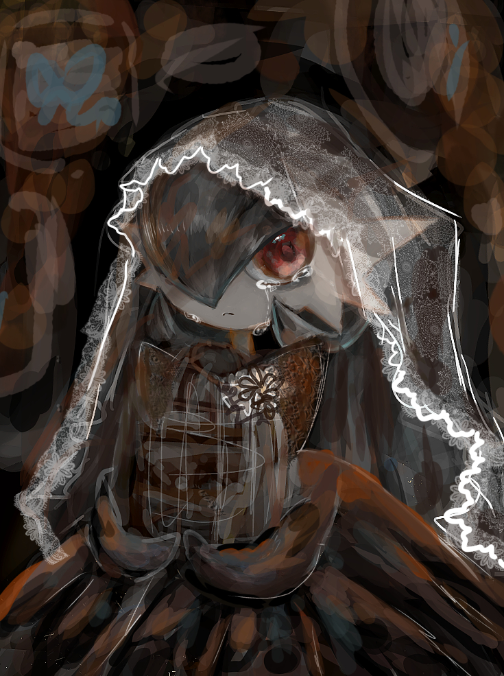 1girl, alternate_color, black_dress, black_gloves, blue_hair, bob_cut, closed_mouth, colored_skin