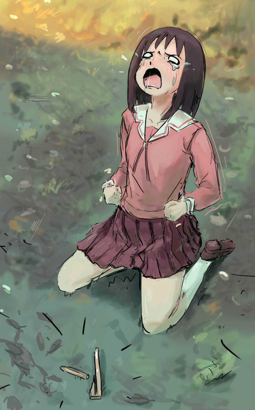 1girl, absurdres, azumanga_daioh, black_hair, chopsticks, comedy, crying, grass