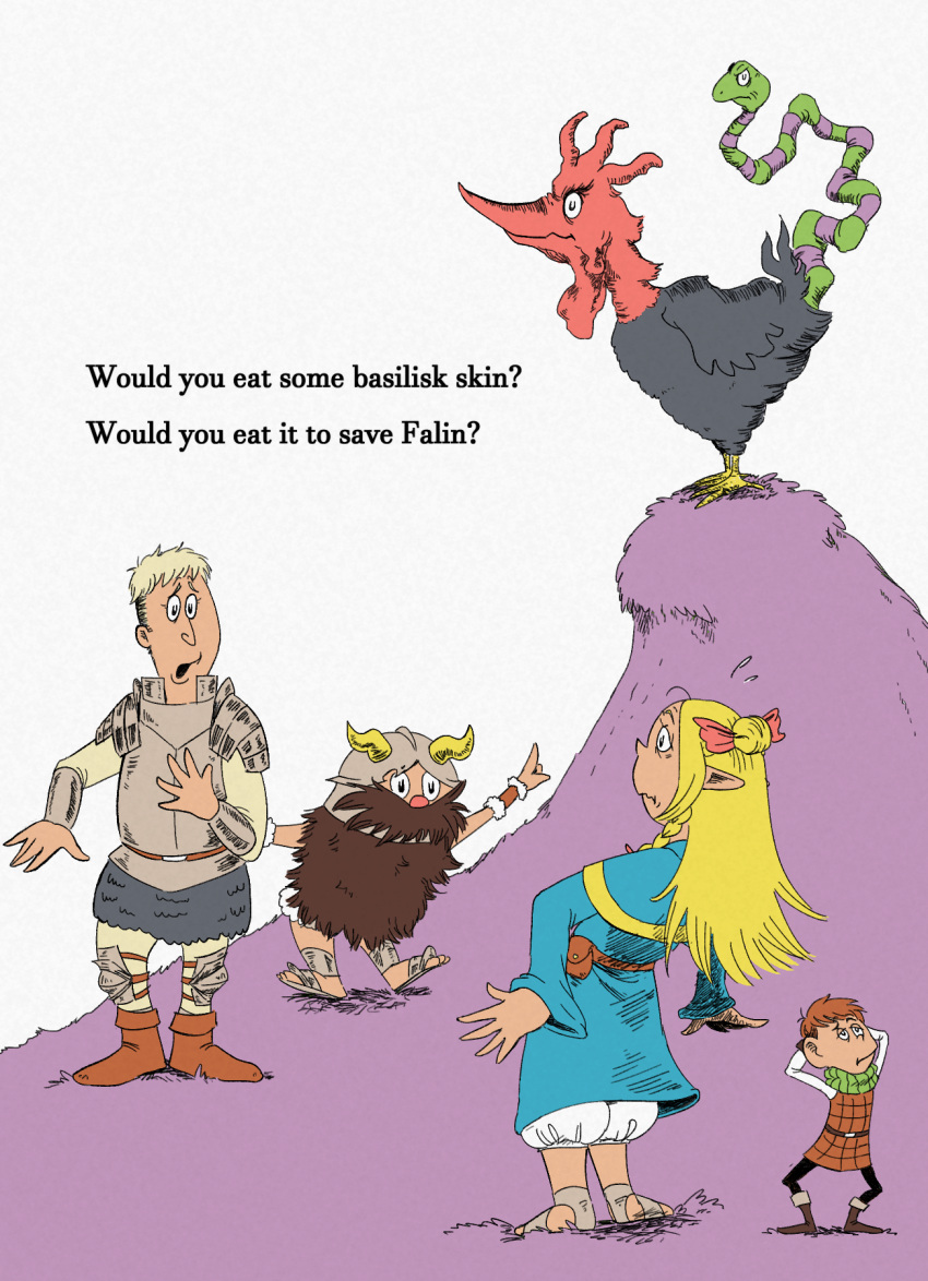 1girl, 3boys, armor, basilisk, beard, blue_robe, boots, brown_footwear, brown_hair, chilchuck_tims, dr._seuss_(style), dungeon_meshi, elf, facial_hair, fake_horns, green_eggs_and_ham_(seuss), halfling, helmet, highres, horned_helmet, horns, laios_thorden, leaning_back, marcille_donato, multiple_boys, mustache, open_mouth, pointing, pointy_ears, robe, sandals, senshi_(dungeon_meshi), short_hair, standing, stirdraws