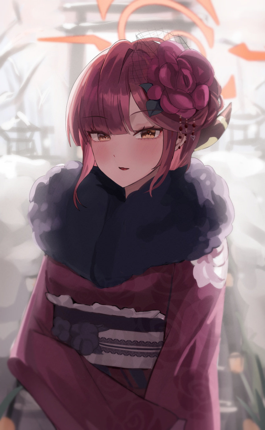 1girl, absurdres, aru_(blue_archive), aru_(new_year)_(blue_archive), blue_archive, blush, brown_horns, demon_horns, ena_(enanong), halo, highres, horns, japanese_clothes, kimono, long_hair, long_sleeves, looking_at_viewer, obi, open_mouth, pink_halo, red_kimono, redhead, sash, solo, upper_body, wide_sleeves, yellow_eyes