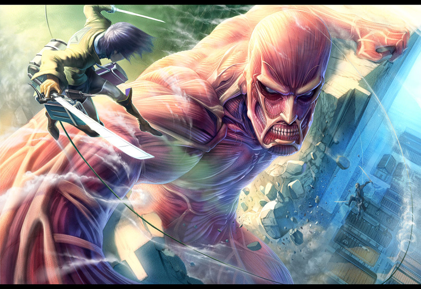 battle, city, dual_wielding, eren_jaeger, exposed_muscle, foreshortening, giant, monster, murase_rintarou, muscle, shingeki_no_kyojin, sword, teeth, weapon