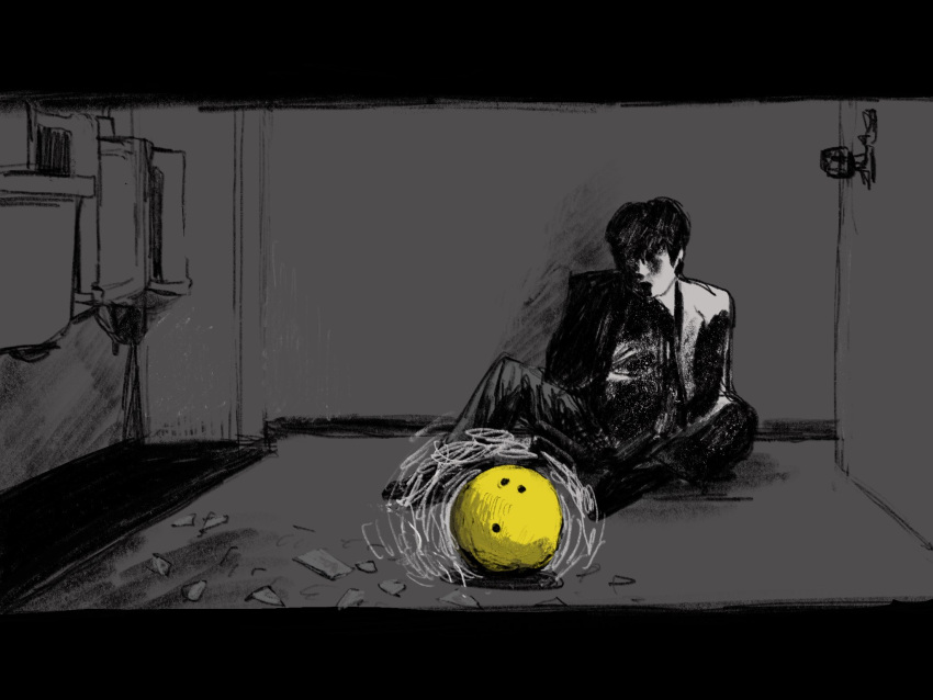 1boy, against_wall, ball, bowling_ball, character_request, commentary_request, facing_viewer, glass_shards
