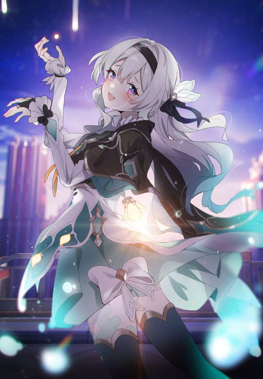1girl, :d, absurdres, aqua_skirt, black_capelet, black_hairband, black_jacket, black_thighhighs