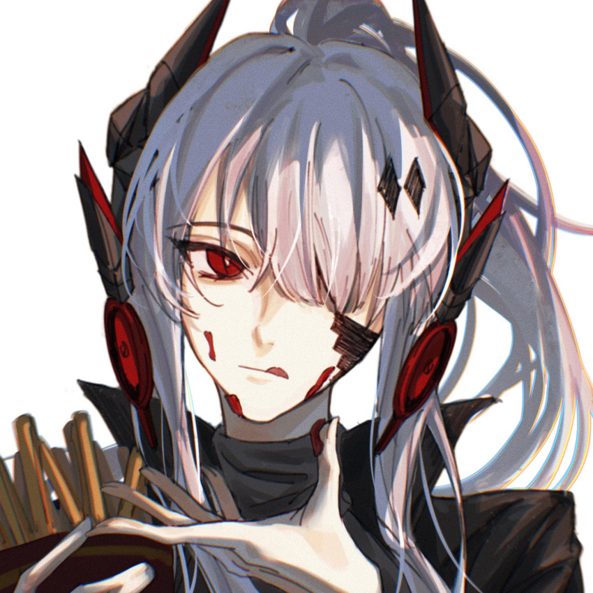 1girl, alpha_(punishing:_gray_raven), alternate_hairstyle, bandaid, bandaid_on_cheek, bandaid_on_face, black_jacket, food