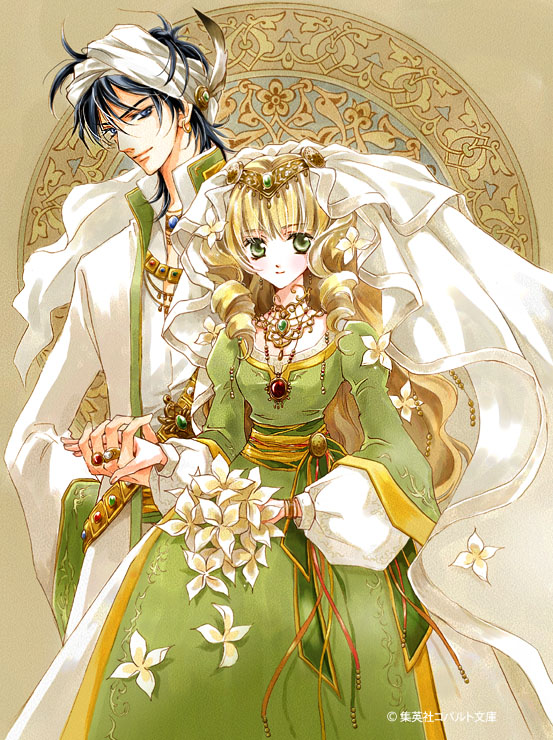 blonde_hair, blue_eyes, bouquet, couple, curly_hair, dress, flower, green_dress, green_eyes, holding_hands, jewelry, long_hair, necklace, ring, shiina_satsuki, soshite_hanayome_wa_koi_wo_shiru