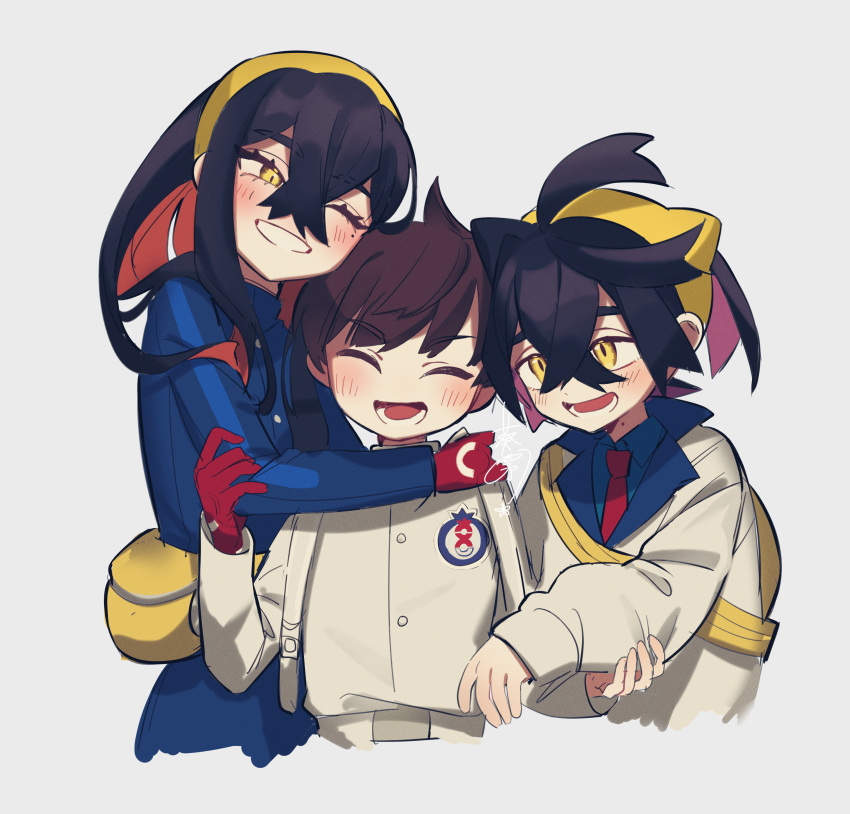 1girl, 2boys, :d, absurdres, blue_jacket, blush, brown_hair, buttons