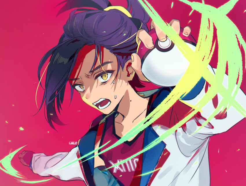 1boy, collarbone, commentary_request, gloves, highres, holding, holding_poke_ball, huwatannpopo