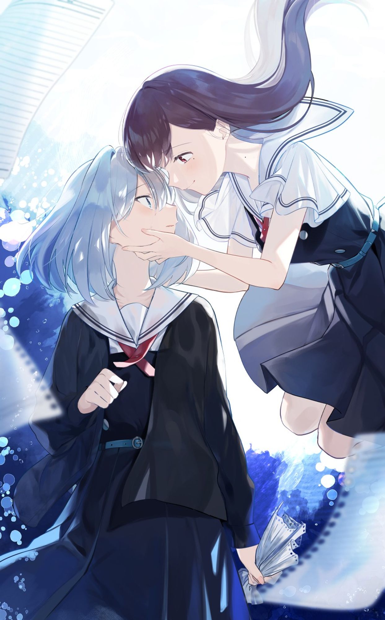 2girls, asaka_kaori, belt, black_cardigan, blue_belt, blue_dress, blue_eyes, brown_hair