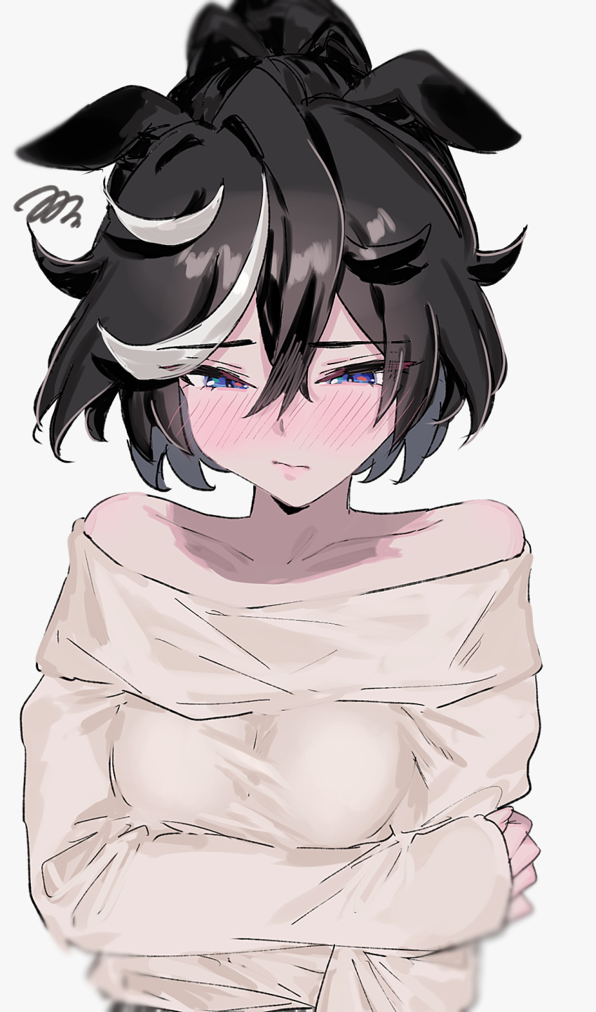 1girl, alternate_costume, animal_ears, bare_shoulders, black_hair, blue_eyes, blush, breasts