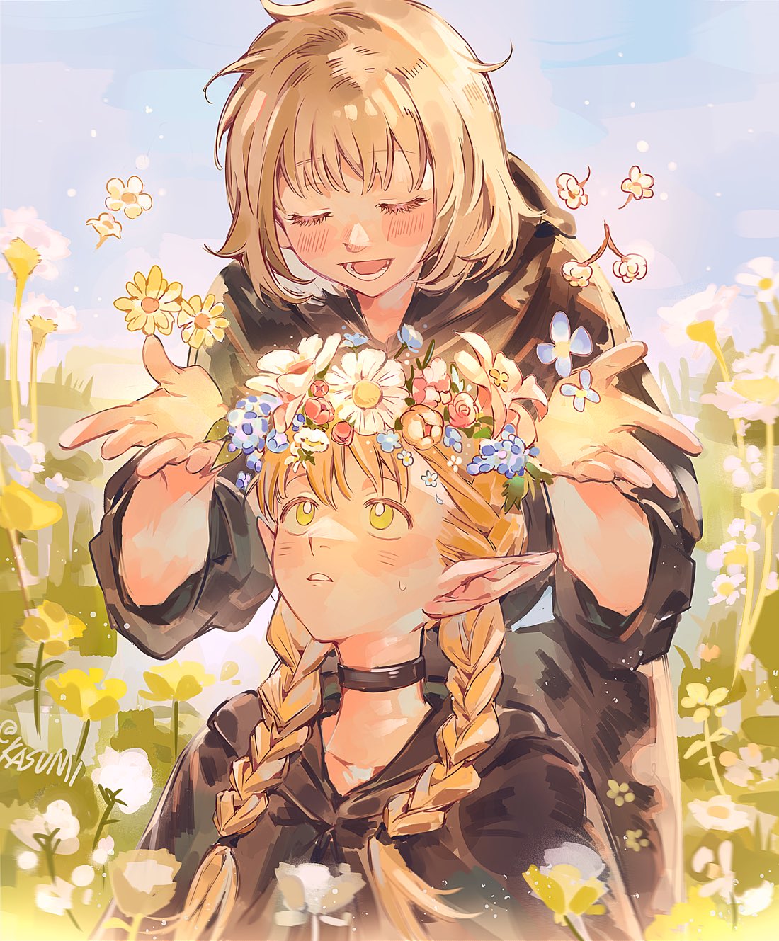 2girls, aged_down, black_choker, black_robe, blonde_hair, blue_flower, blue_sky, blunt_bangs