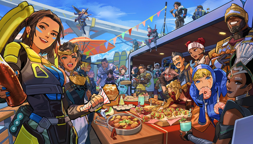 1other, 6+boys, 6+girls, allfather's_chosen_bloodhound, ambiguous_gender, android, animal_on_shoulder, animification, apex_legends, armor, ash_(titanfall_2), assault_visor, ballistic_(apex_legends), bangalore_(apex_legends), bat_(animal), beard, black_bodysuit, black_hair, black_jacket, black_lips, blonde_hair, bloodhound_(apex_legends), blue_bodysuit, blue_jacket, bodysuit, breastplate, brown_eyes, brown_hair, carrying, catalyst_(apex_legends), caustic_(apex_legends), clouds, conduit_(apex_legends), dark-skinned_female, dark_skin, divine_legion_bangalore, double_bun, dreadlocks, earpiece, echo_(apex_legends), everyone, eyepatch, facial_hair, food, fur-trimmed_jacket, fur_trim, fuse_(apex_legends), gibraltar_(apex_legends), godly_speed_octane, goggles, goggles_on_head, hair_bun, hazmat_suit, headband, helmet, highres, horizon_(apex_legends), humanoid_robot, jacket, lifeline_(apex_legends), loba_(apex_legends), looking_at_viewer, mad_maggie_(apex_legends), mirage_(apex_legends), multiple_boys, multiple_girls, nessie_(respawn), newcastle_(apex_legends), olympus_(apex_legends), one-eyed, one_eye_covered, open_mouth, orange_bodysuit, orange_eyes, orange_jacket, pants, pathfinder_(apex_legends), princess_carry, rampart_(apex_legends), redhead, revenant_(apex_legends), ribbed_bodysuit, robot, scar, scar_across_eye, seer_(apex_legends), short_hair, simulacrum_(titanfall), single_hair_bun, sky, sly_sovereign_rampart, smile, soul_patch, spacesuit, sunglasses, thundergotch, tooth_gap, umbrella, valkyrie_(apex_legends), vantage_(apex_legends), wattson_(apex_legends), white_hair, white_headband, white_pants, wraith_(apex_legends)