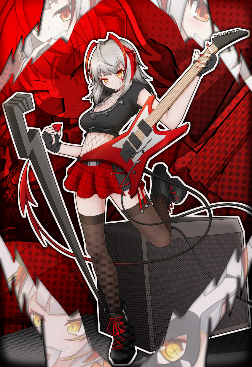 1girl, absurdres, antenna_hair, arknights, black_gloves, demon_tail, electric_guitar, fingerless_gloves