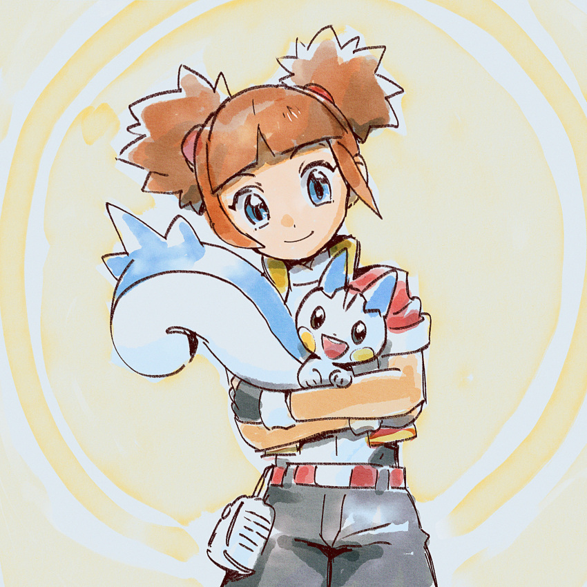 1girl, belt, belt_buckle, blue_eyes, blunt_bangs, brown_hair, buckle, closed_mouth, commentary, double_bun, fanny_pack, fingerless_gloves, gloves, go-lurk, hair_bun, highres, holding, holding_pokemon, jacket, kate_(pokemon), looking_down, pachirisu, pokemon, pokemon_(creature), pokemon_ranger, pokemon_ranger_2, red_belt, red_jacket, shirt, short_sleeves, shorts, smile, twintails, white_bag, white_shirt, yellow_background