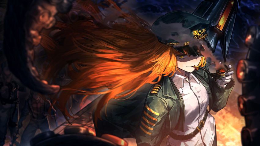 1girl, 1other, 2boys, belt, collared_shirt, game_cg, green_jacket, harpoon