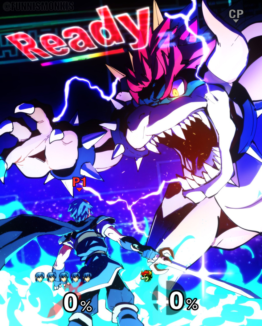 2boys, blue_fire, blue_hair, bowser, bracelet, cape, claws, collar, electricity, falchion_(fire_emblem), fangs, fingerless_gloves, fire, fire_emblem, fire_emblem:_mystery_of_the_emblem, funnismonkis, gameplay_mechanics, giga_bowser, gloves, glowing, glowing_eyes, highres, holding, holding_sword, holding_weapon, horns, jewelry, marth_(fire_emblem), multiple_boys, open_mouth, redhead, spiked_bracelet, spiked_collar, spikes, standing, super_mario_bros., super_smash_bros., sword, weapon