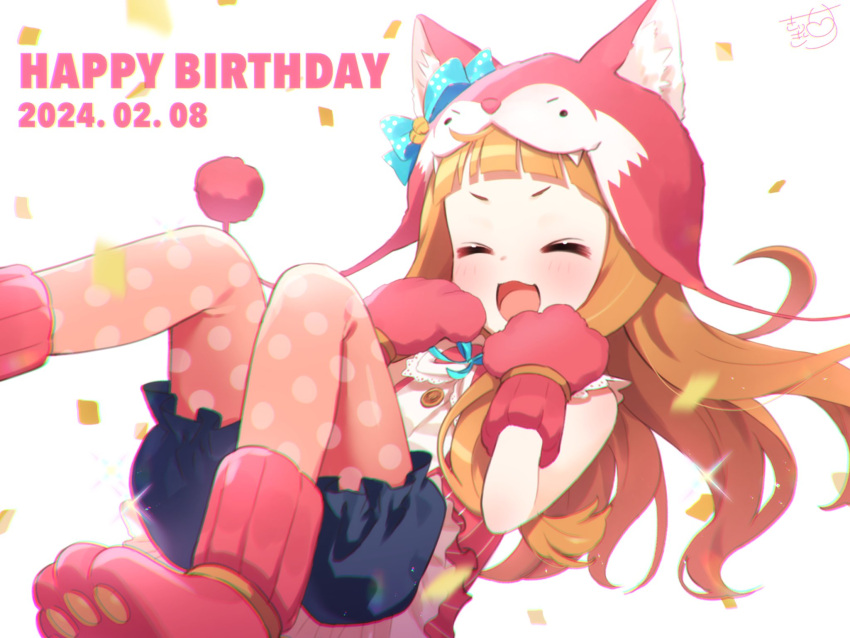 1girl, animal_costume, animal_ear_fluff, animal_ears, animal_hands, animal_hat, aqua_bow, aqua_ribbon