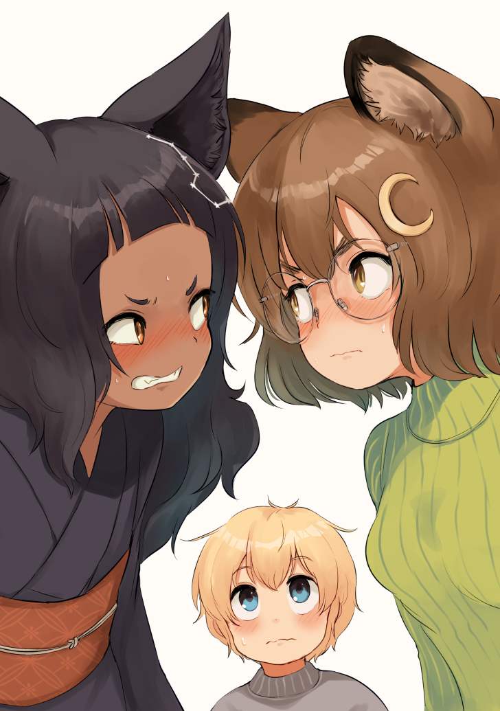 3girls, angry, animal_ear_fluff, animal_ears, batta_(kanzume_quality), black_hair, black_kimono, blonde_hair