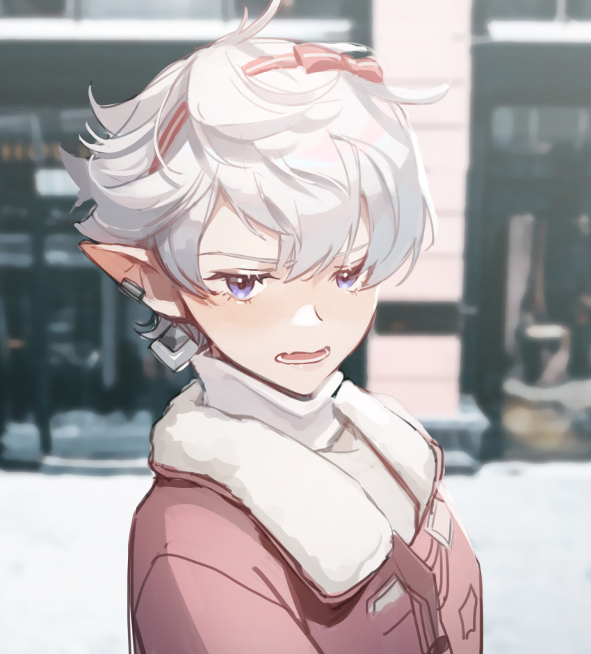 1girl, alisaie_leveilleur, blush, bow, earrings, elezen, elf, embarrassed, fang, final_fantasy, final_fantasy_xiv, hair_bow, hairband, highres, jacket, jewelry, looking_at_viewer, migo45, open_mouth, outdoors, pink_bow, pink_hairband, pink_jacket, pointy_ears, short_hair, skin_fang, solo, upper_body, white_hair, winter_clothes