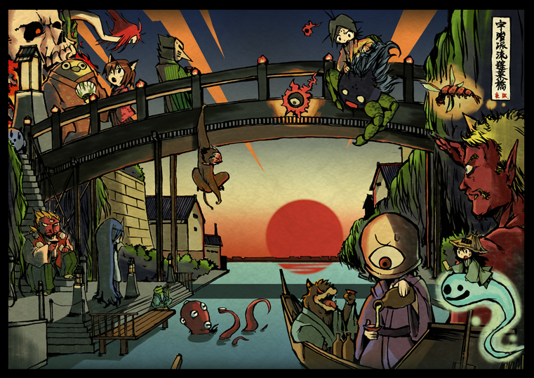 3speed, animal_ears, brick_wall, bridge, ghost, house, insect, japanese_clothes