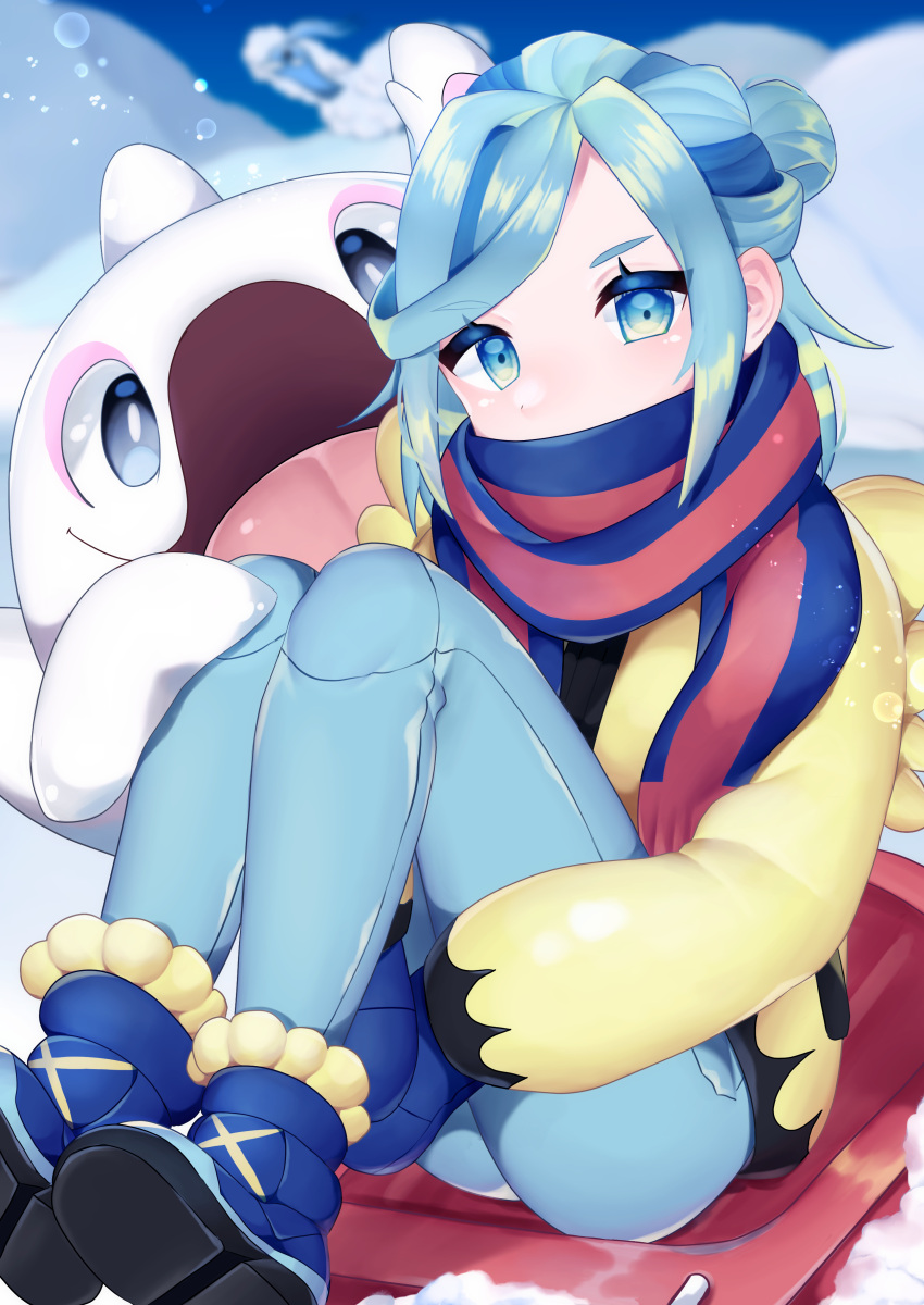 1boy, :d, absurdres, altaria, black_shirt, blue_eyes, blue_footwear, blue_hair