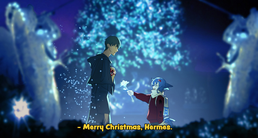 1boy, 1girl, :d, bird_tail, blurry, blurry_background, bow, depth_of_field