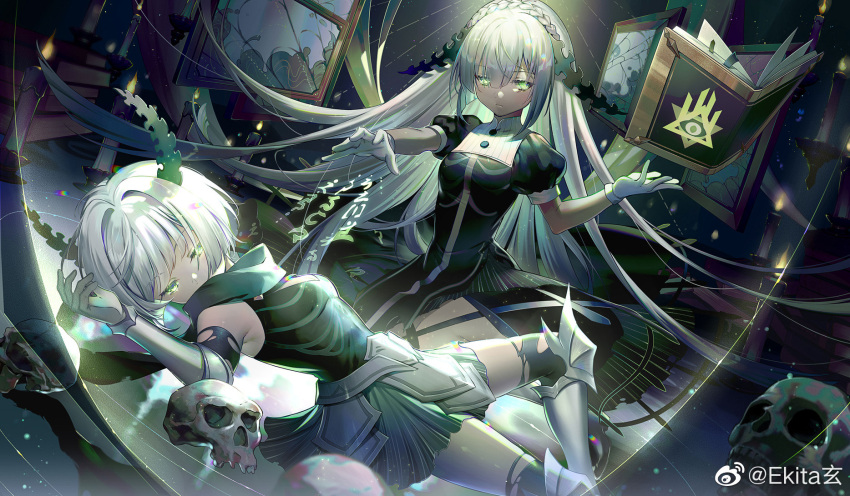 2girls, afk_arena, antlers, arm_cutout, armor, armored_boots, bare_shoulders, black_background, black_dress, black_gloves, black_scarf, black_shirt, black_sleeves, black_socks, book, boots, bracer, braid, buttons, chinese_commentary, circle_cutout, circle_skirt, closed_mouth, commentary_request, covered_mouth, crotch_plate, crown_braid, dark-skinned_female, dark_skin, dress, ekita_kuro, elbow_gloves, expressionless, faulds, feet_out_of_frame, floating, floating_book, floating_hair, floating_object, gloves, green_eyes, grey_armor, grey_footwear, grey_skirt, hair_ornament, half-closed_eyes, highres, horns, indoors, isabella_(afk_arena), knee_pads, long_hair, looking_at_another, looking_at_object, lying, magic, making-of_available, miniskirt, multiple_girls, on_back, open_book, outstretched_hand, over-kneehighs, puffy_short_sleeves, puffy_sleeves, scarf, shirt, short_dress, short_hair, short_sleeves, silvina_(afk_arena), skirt, skull, socks, thigh-highs, torn_clothes, torn_socks, turtleneck, very_long_hair, watermark, weibo_logo, weibo_username, white_gloves, white_hair, white_shirt, window