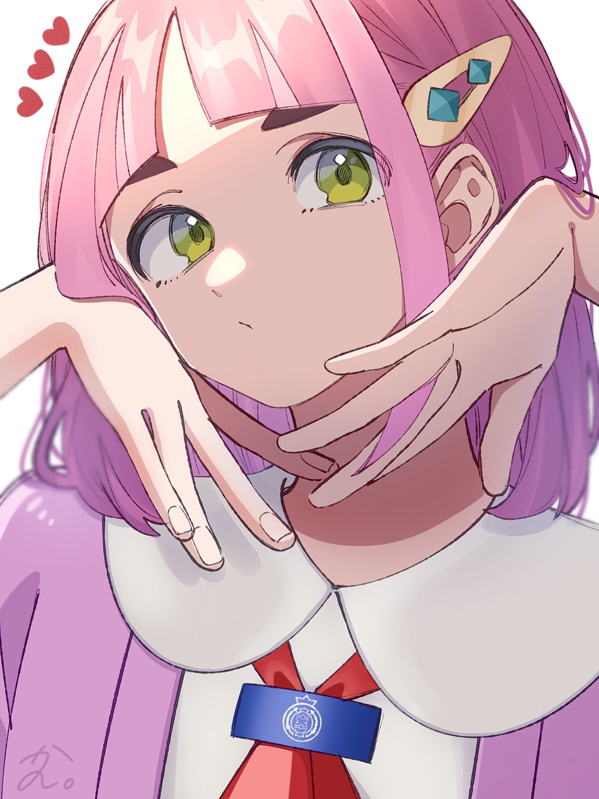 1girl, arched_bangs, cardigan, coat, hair_ornament, hairclip, highres, kana_(kanna_runa0620), lacey_(pokemon), league_club_uniform, looking_at_viewer, open_clothes, pink_coat, pink_hair, pokemon, pokemon_sv, purple_cardigan, shirt, solo, upper_body, white_shirt, yellow_eyes