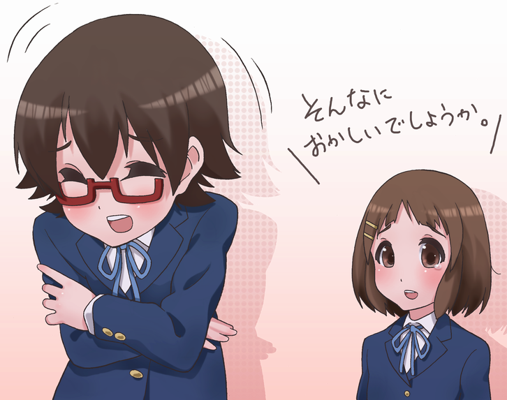 2girls, brown_eyes, brown_hair, closed_eyes, glasses, hirasawa_yui, k-on!, landolt_tamaki