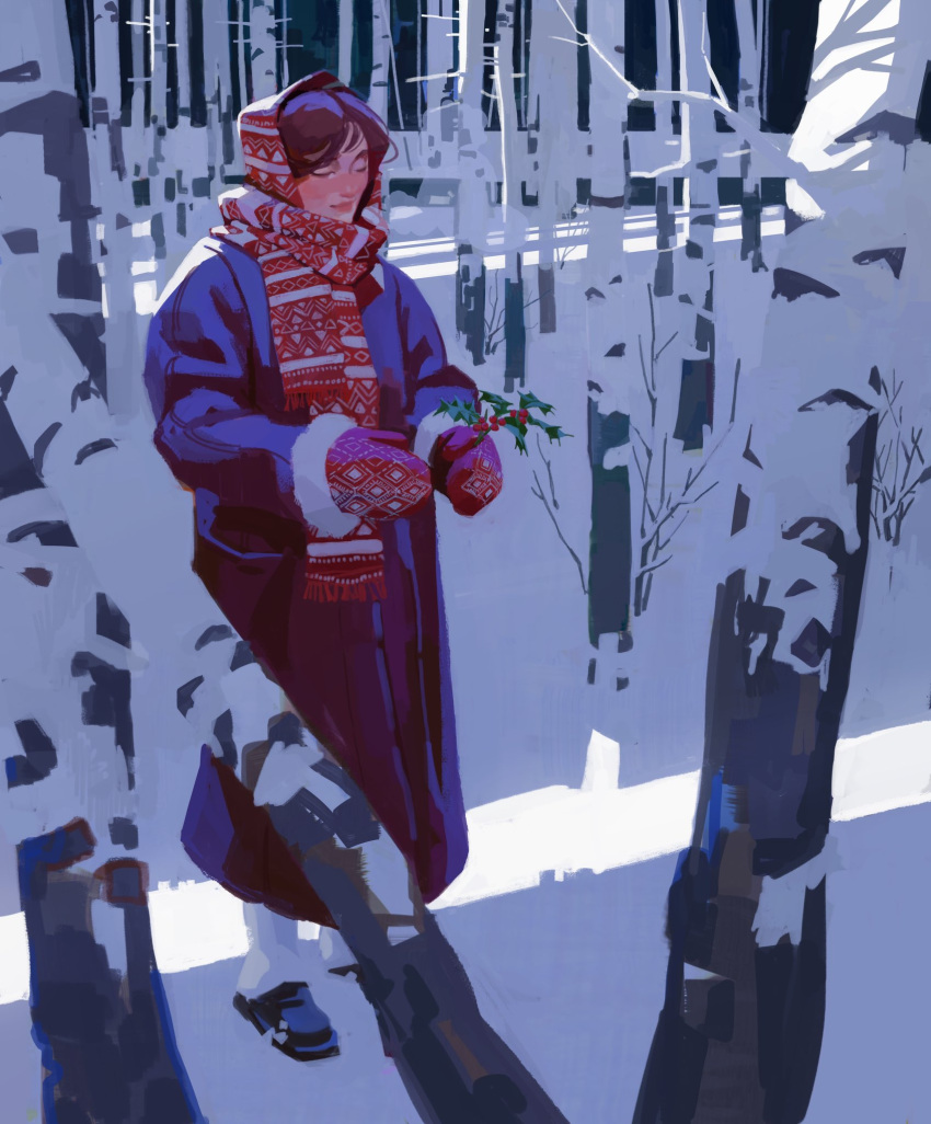 1girl, axelsauerwald, bare_tree, berry, black_footwear, blending, blush, breath