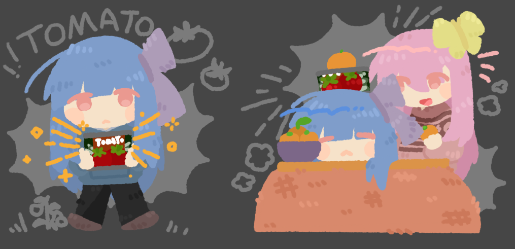 2girls, :<, alternate_costume, black_pants, blue_hair, blue_hoodie, blunt_bangs, brown_sweater